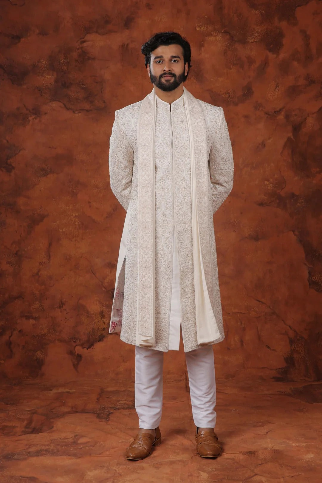 Royal ivory embroidered sherwani front view