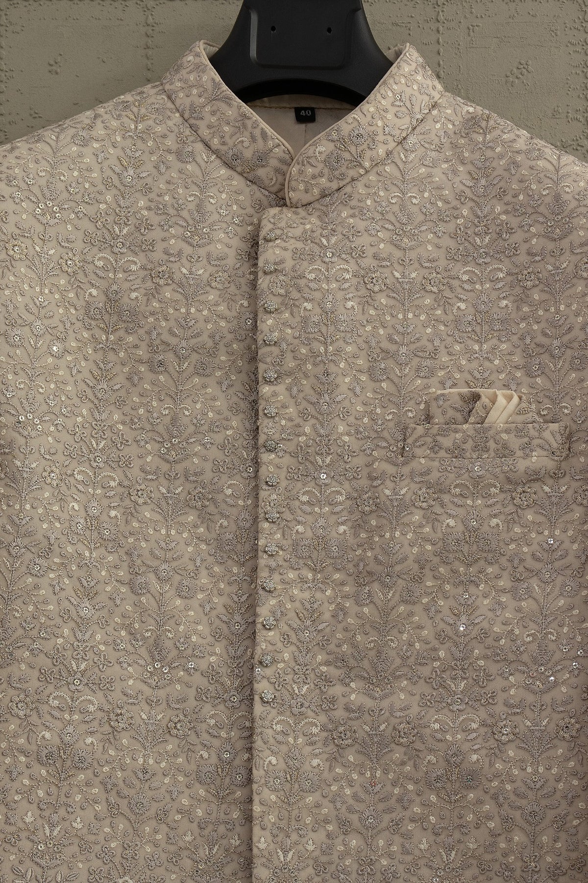 Premium champagne ivory embroidered Indo Western suit front detail