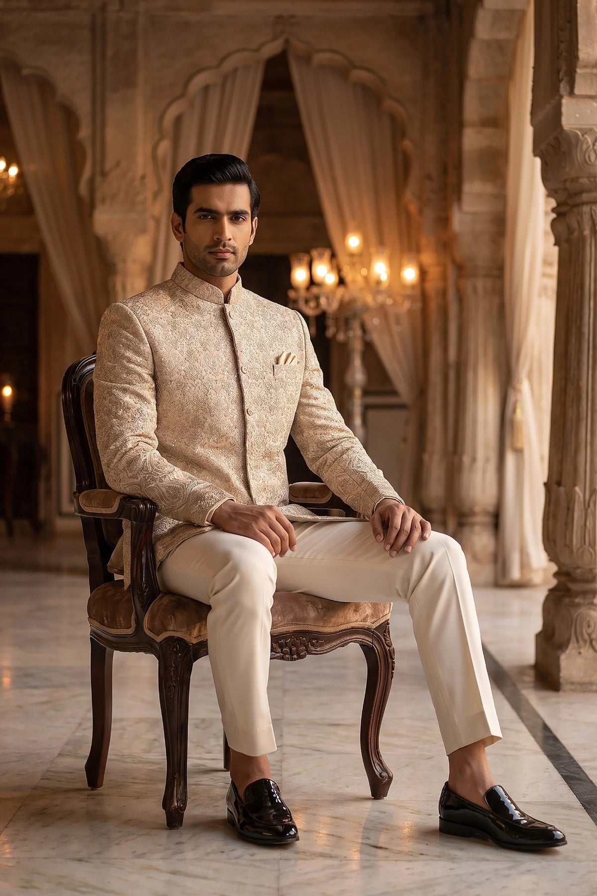 Premium champagne ivory Indo Western suit styled on model