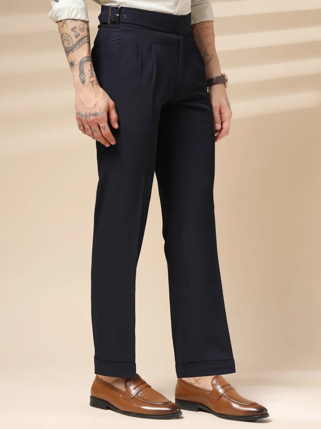Black Gurkha Pants with tailored pleats and buckle waistband