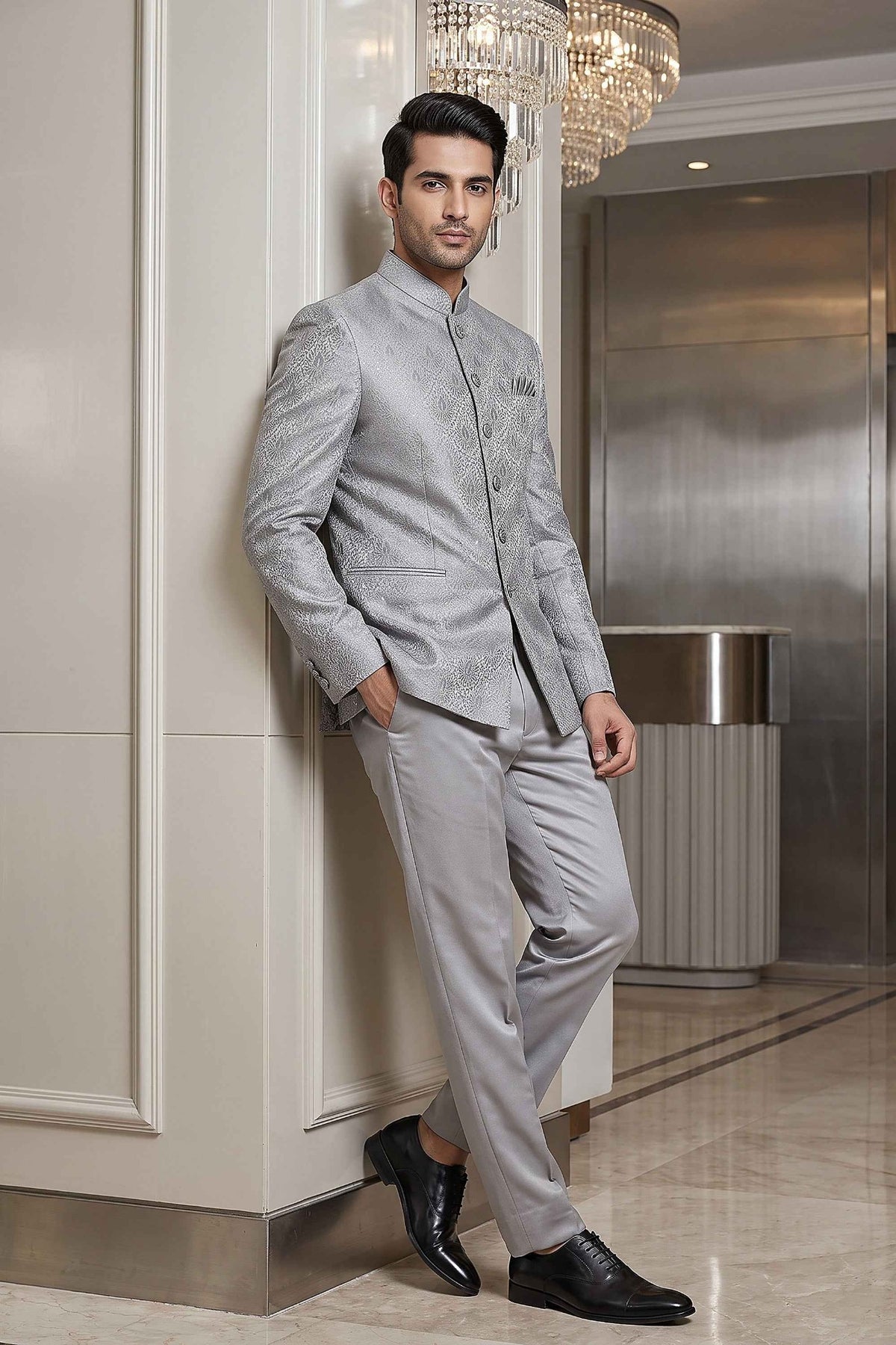 Grey jacquard Indo Western suit with stone work