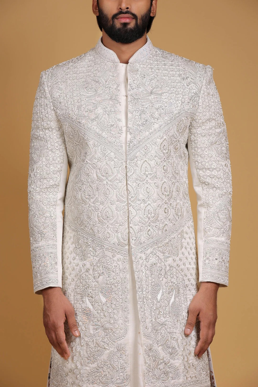 Royal ivory embroidered sherwani embroidery detail