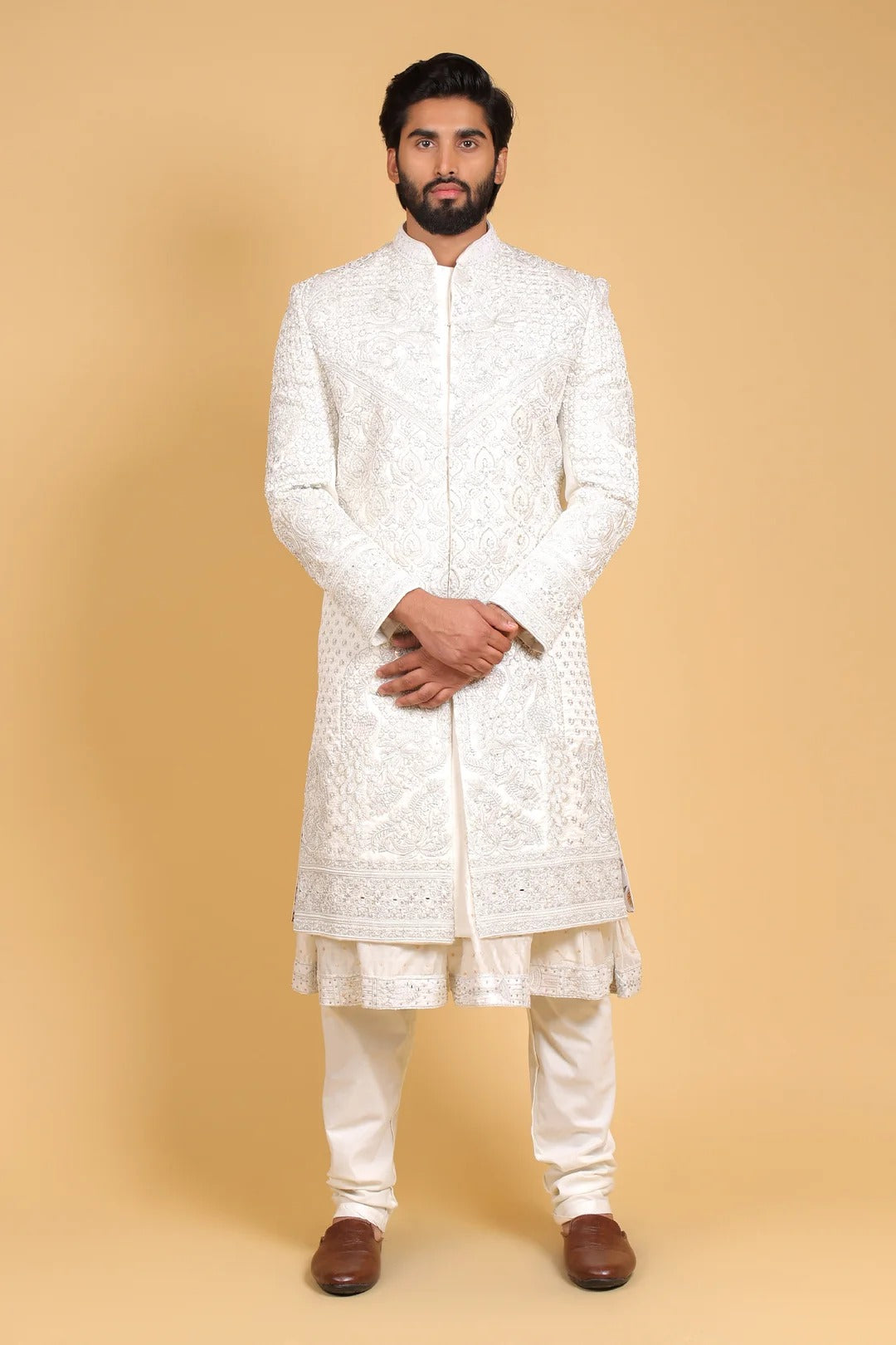 Royal ivory embroidered sherwani full view