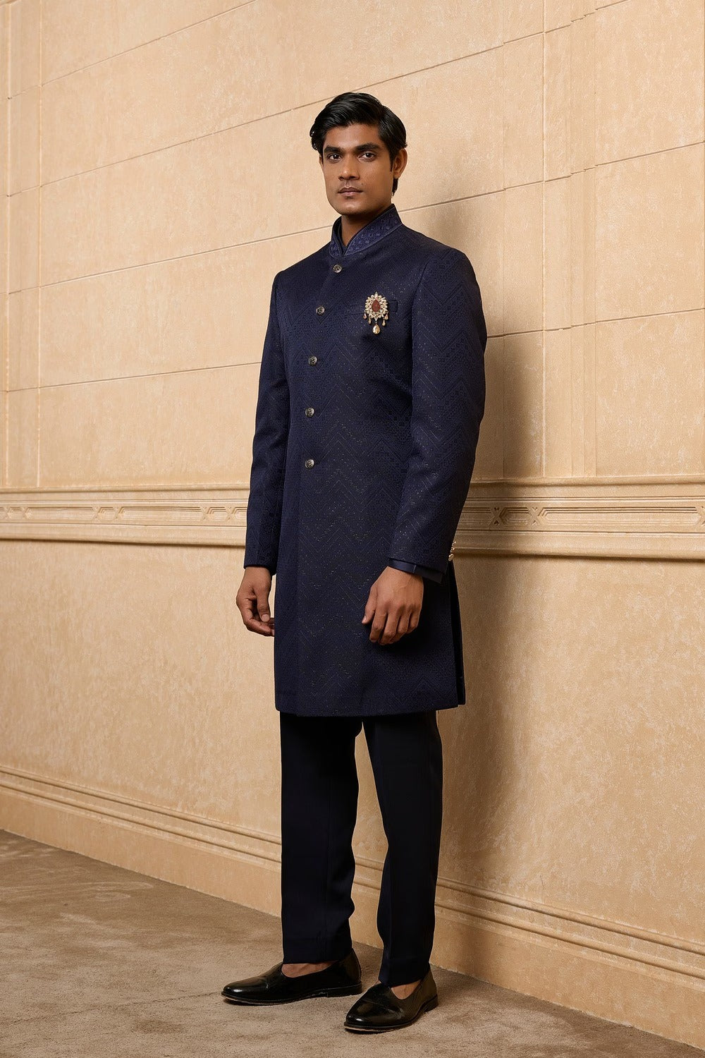 Midnight navy textured men's sherwani with jeweled brooch